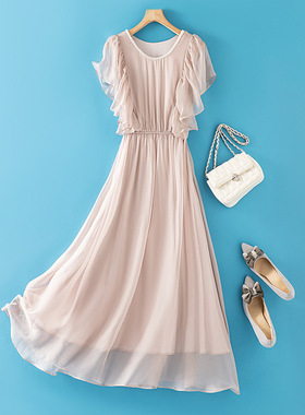 女装真丝连衣裙纯色简约大气桑蚕丝连衣裙长款夏季86021