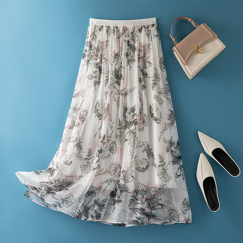 桑蚕丝小清新减龄粉白色印花半身裙2024新款日系洋气松紧腰真丝裙