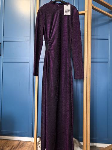 澳洲DA*ZI星空紫细闪腰镂空抽褶侧开叉连衣裙10码86-94/72-74/138