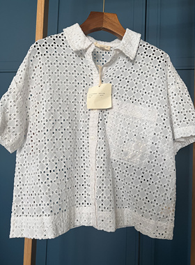 美国Mav*led白色刺绣镂空短袖翻领女士衬衫上衣L码108/58