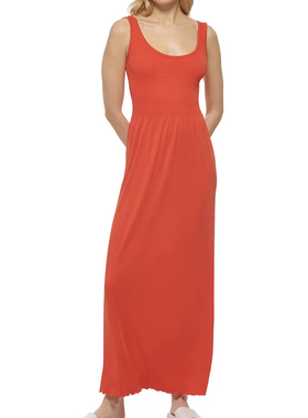 美国Dk*n橘红色高弹螺纹背心款连衣长裙XL码胸86/腰76可拉伸
