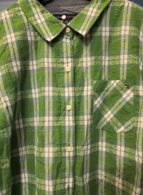 美国Tomm*yhilfi*ger绿色格纹刺绣标长袖中袖两穿衬衫上衣L108/70