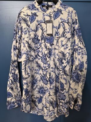 美国To*myhilfi*ger亚麻双兜刺绣标长中袖青花瓷印花衬衫S132/80