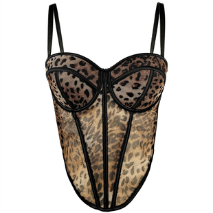 豹纹拼接外穿鱼骨胸衣背心吊带高级感内搭网纱蕾丝透视欧美性感风