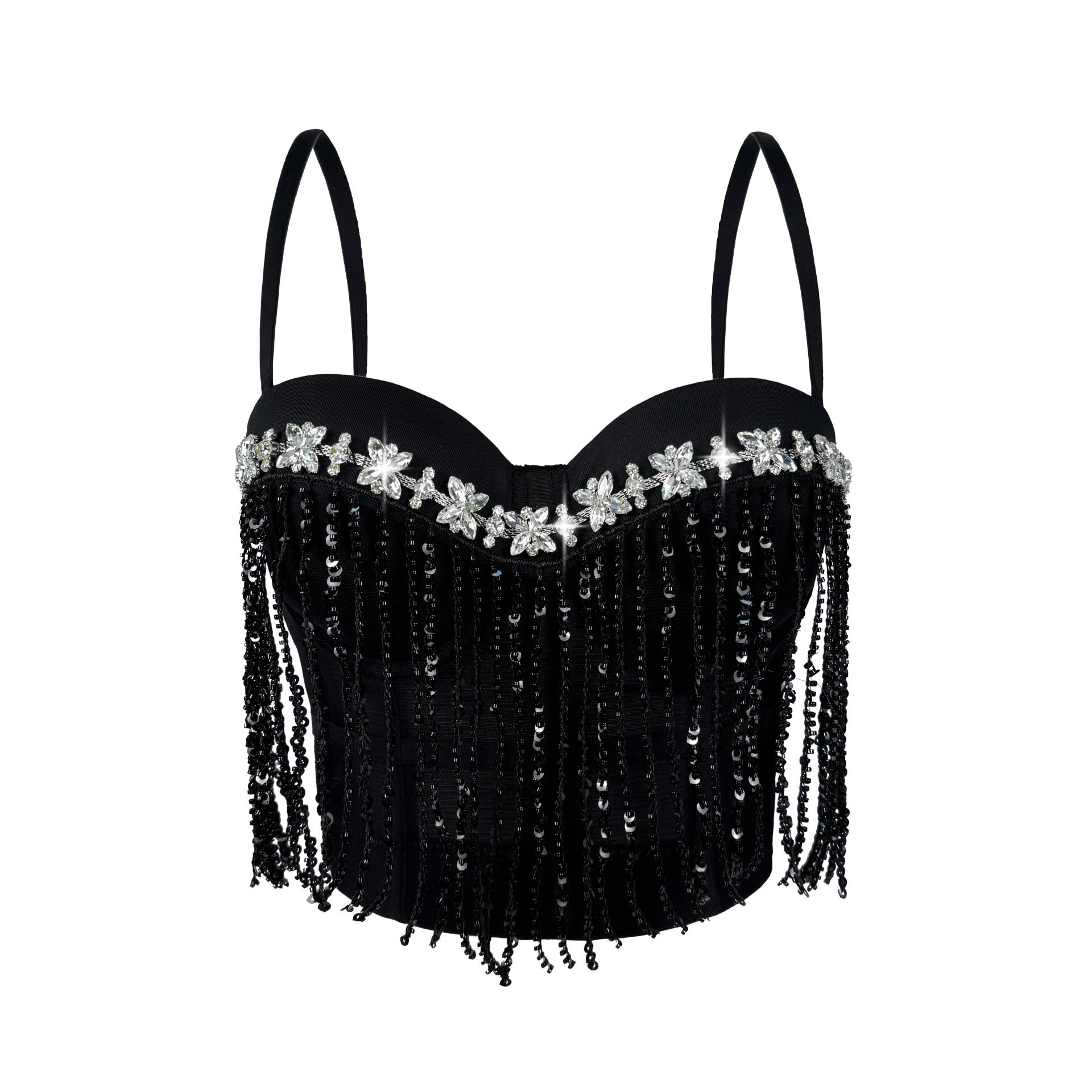 镶钻宝石亮片流苏外穿鱼骨胸衣背心吊带抹胸短款上衣性感辣妹欧美