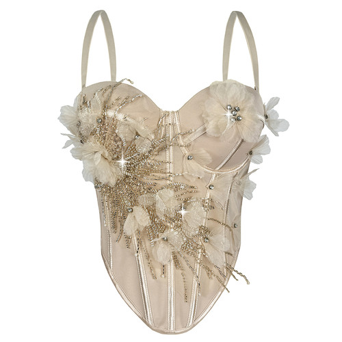 立体花手工钉珠外穿鱼骨胸衣背心