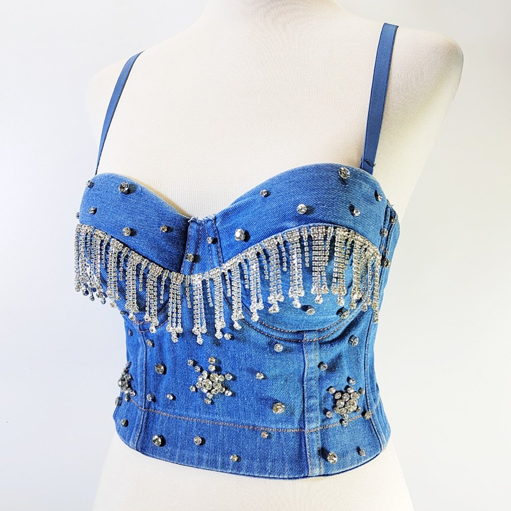 镶钻流苏牛仔外穿胸衣鱼骨钢圈背心吊带短款上衣抹胸性感辣妹欧美