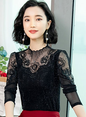 蕾丝衫女士打底衫女2026新款秋装长袖修身亮丝网纱薄款内搭上衣潮
