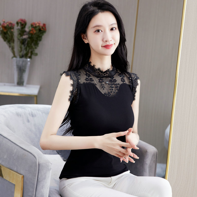 时尚夏装蕾丝半高领无袖背心女