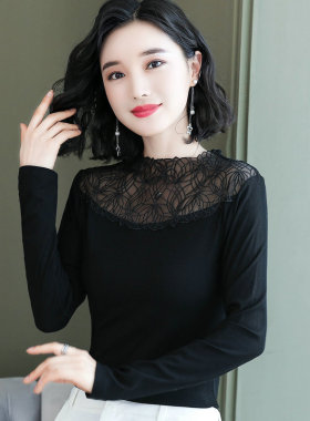 黑色莫代尔打底衫女长袖薄款修身小衫春秋装新款内搭立领蕾丝上衣