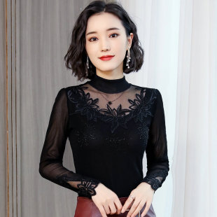 2026新款秋季女纱网半高领蕾丝打底衫女长袖T恤上衣内搭网纱小衫