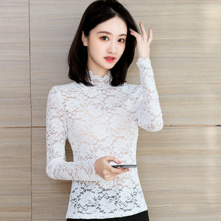 透明白色蕾丝打底衫女秋装纱衣内搭长袖修身薄款内衬高领网纱上衣
