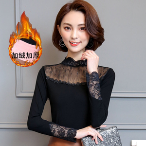 蕾丝衫女2023秋冬新款女装大码加厚上衣女秋冬立领长袖加绒打底衫