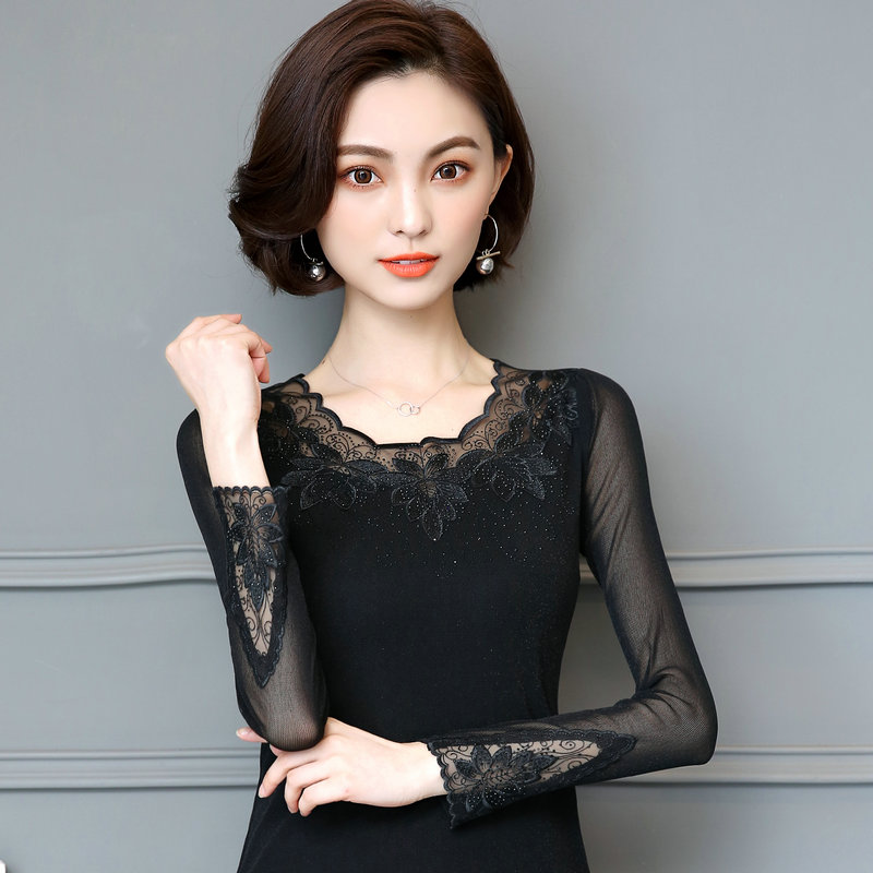 2025秋季新款大码修身黑色蕾丝小衫长袖网纱打底衫T恤女镂空上衣