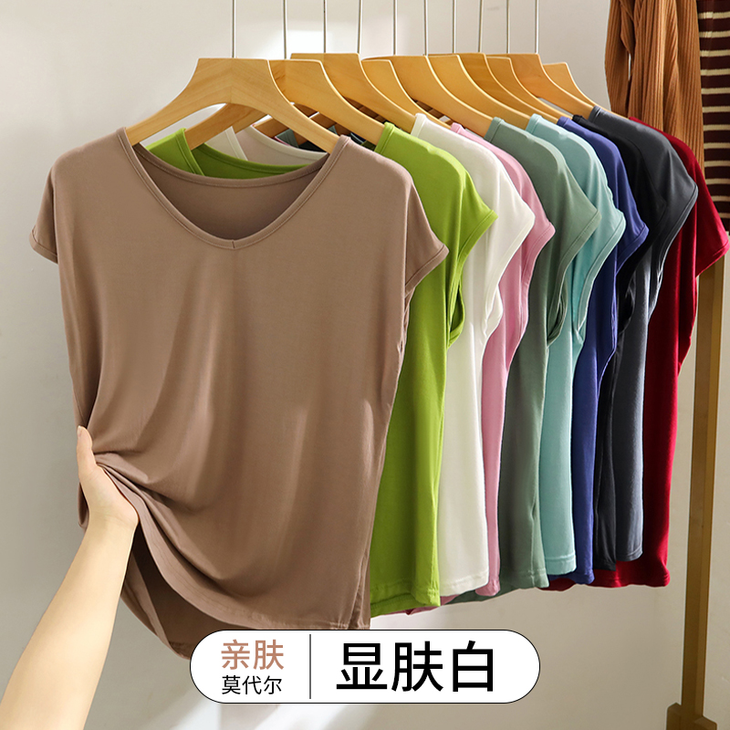 莫代尔夏季V领无袖T恤女