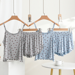 无袖 莫代尔碎花吊带短裤 居家宽松清凉睡衣女大码 夏季 家居服 套装