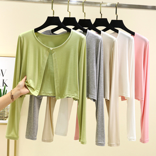 外搭上衣防晒衫 春秋莫代尔针织开衫 长袖 外套薄款 女士纯色钉扣短款