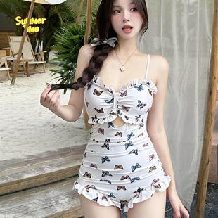 高级感纯欲少女蝴蝶木耳边小香风显瘦遮肚性感露背连体游泳衣女