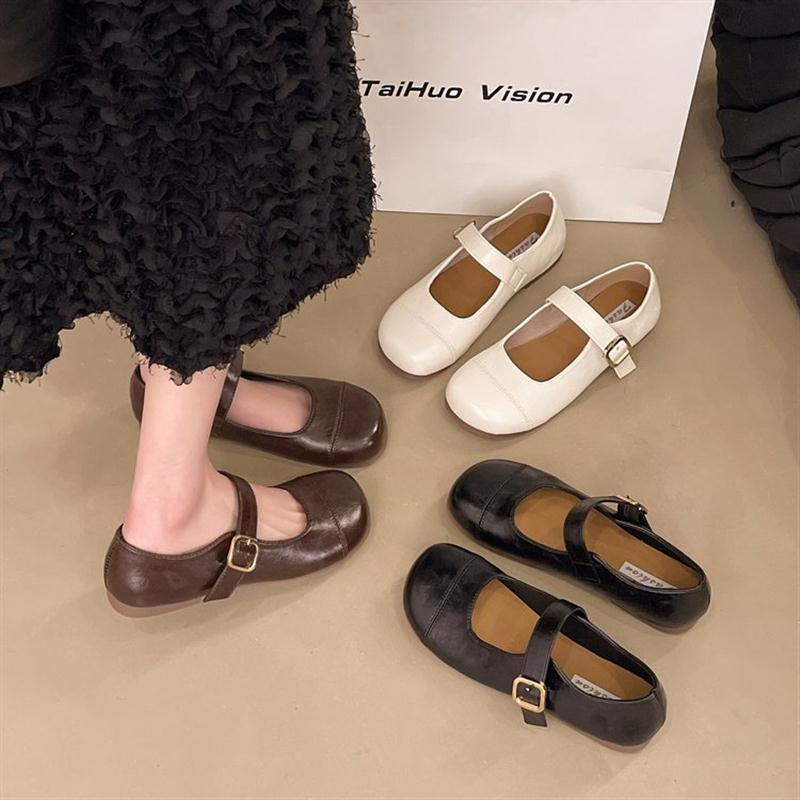 韩版浅口一字带圆头玛丽珍鞋女鞋软底2025春新款法式复古平底单鞋