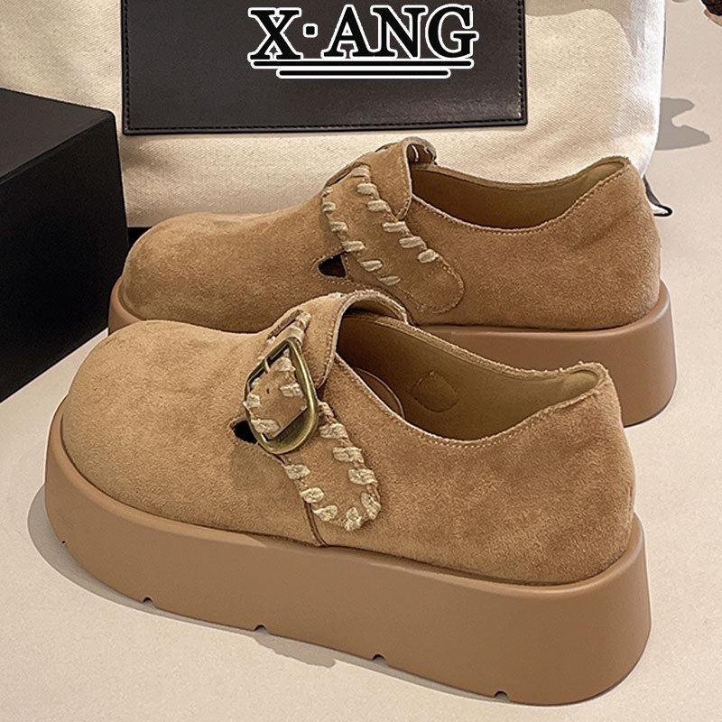 牛反绒全包厚底勃肯鞋子女鞋乐福鞋2025秋季新款一脚蹬休闲单鞋子