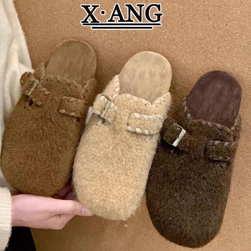 羊呢绒勃肯鞋女秋冬季加绒保暖棉鞋子厚底一脚蹬毛毛鞋包头半拖鞋