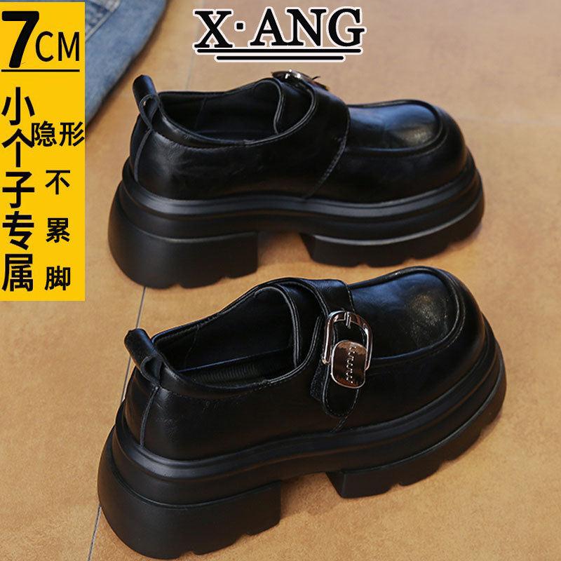 松糕厚底7cm增高小个子女鞋真皮乐福鞋子女英伦风粗跟小皮鞋单鞋