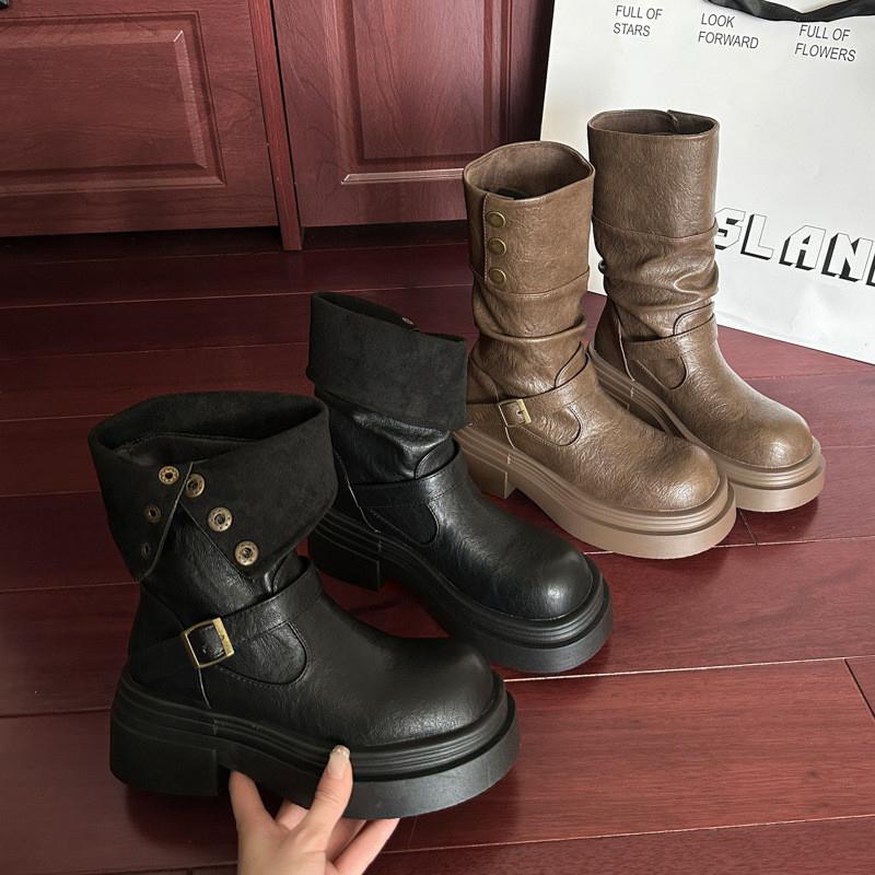 西部牛仔废土风长高筒靴子女2025年秋冬新款厚底堆堆靴两穿骑士靴
