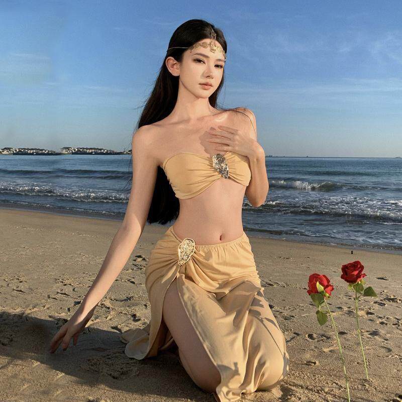 2026比基尼套装褶皱抹胸小背心开叉泳衣女海边度假沙滩半身裙