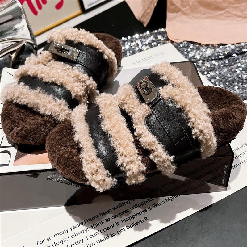 毛毛拖鞋女外穿2025新款厚底松糕超绝洋气一字拖鞋可调节肥瘦棉拖