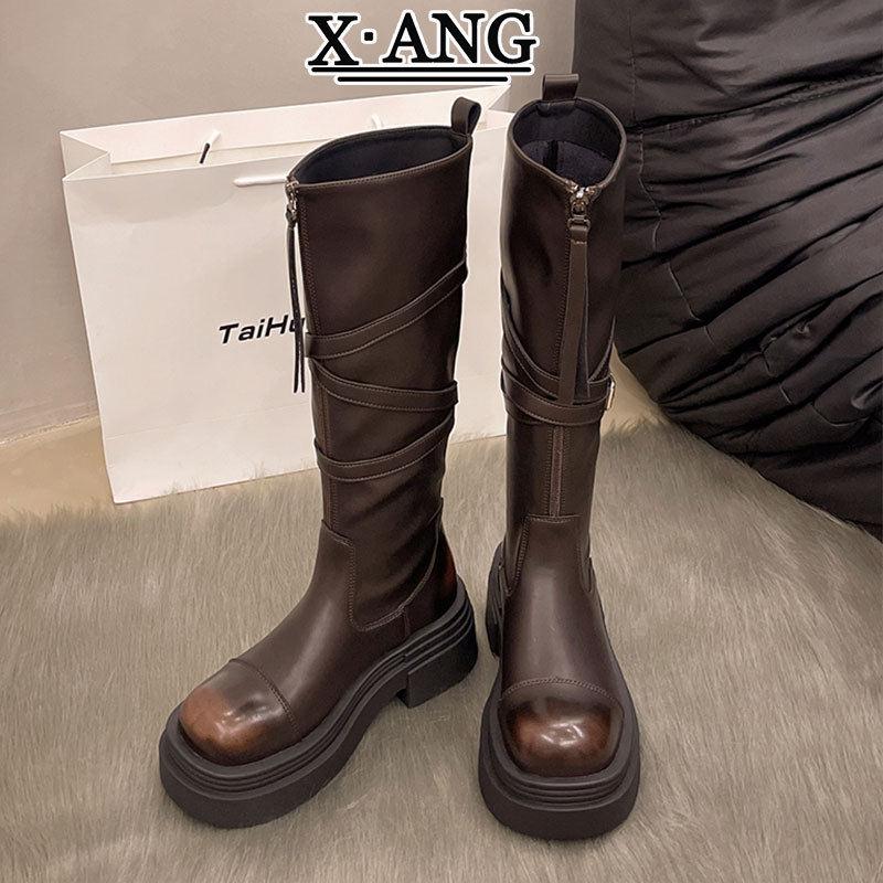 真皮高筒靴女小个子增高粗跟显瘦棕色骑士靴不过膝长靴西部牛仔靴