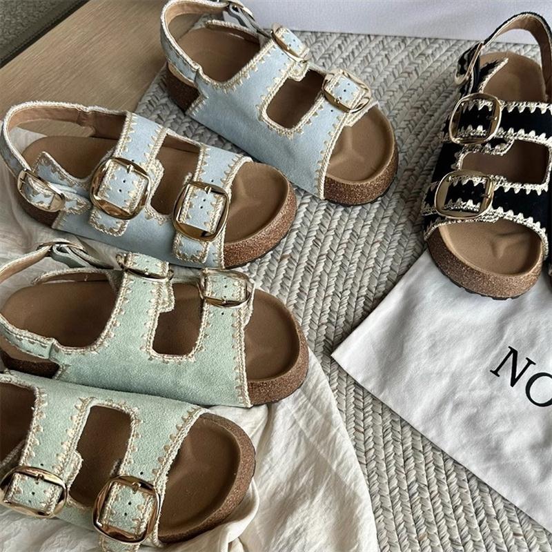 牛皮版~厚底增高勃肯鞋一脚蹬复古编织皮带扣休闲沙滩一字带凉鞋
