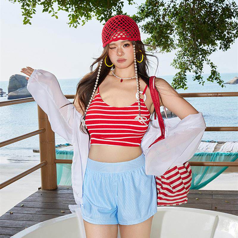 2026新款微胖mm加肥大码防晒外套沙滩裤四件套游泳衣女条纹泳装