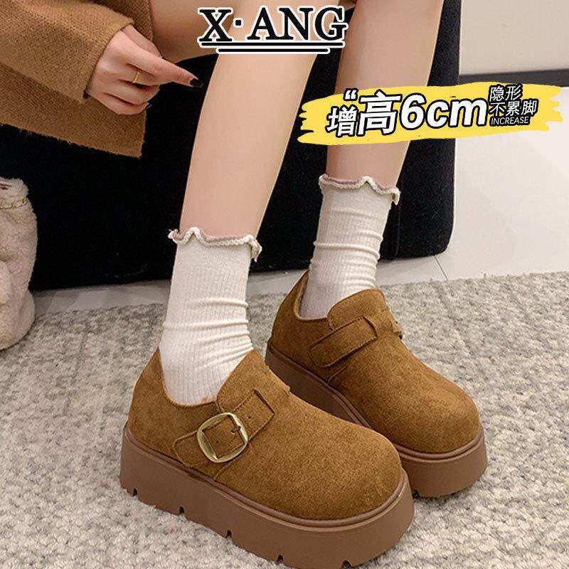 6cm厚底增高真皮全包勃肯鞋子女鞋冬季加绒保暖棉鞋一脚蹬乐福鞋