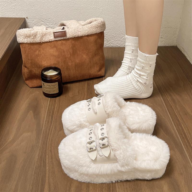 包头毛毛拖鞋女外穿2025年新款秋冬小众高级感时尚皮带扣增高棉拖