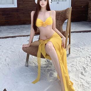 小香风显白比基尼分体泳衣女士长裙纱巾性感纯欲风山茶花沙滩泰国