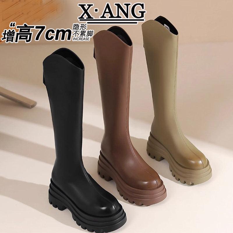 真皮棕色V口粗跟显瘦长筒靴子女靴不过膝高筒靴厚底增高跟骑士靴