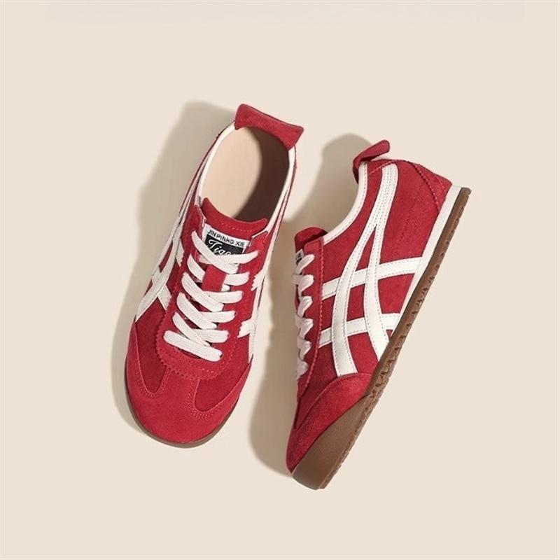 真皮红色德训鞋女2025新款春季美式复古阿甘鞋子平底运动休闲鞋