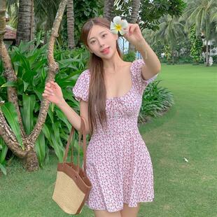 韩版 游泳衣温泉 ins风 高级感碎花大小胸带袖 泳衣女连体比基尼泳装