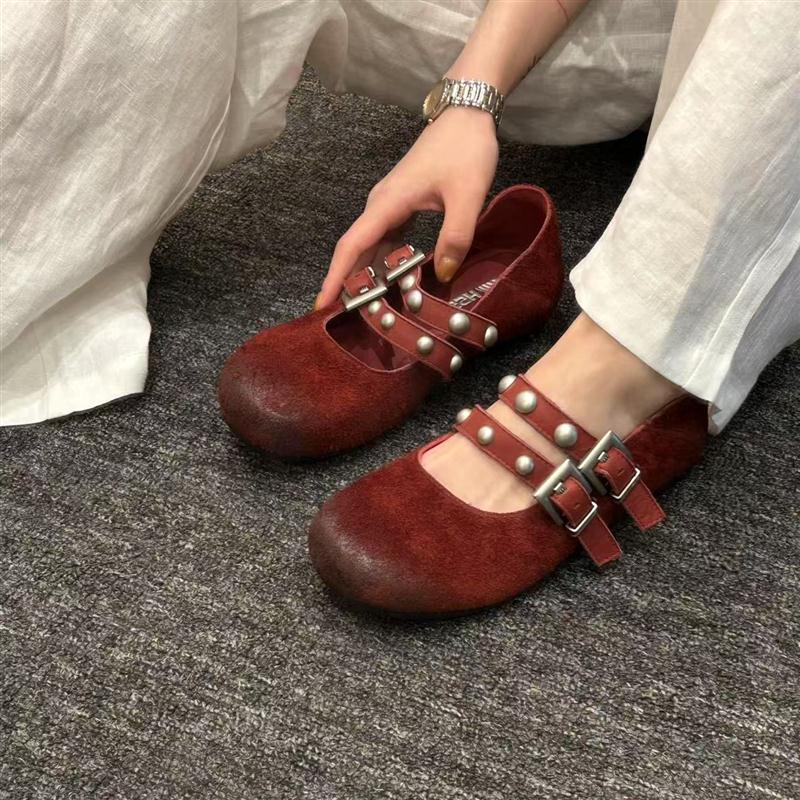 油蜡感芭蕾风玛丽珍鞋2025早秋新款复古铆钉小众设计师法式单鞋女