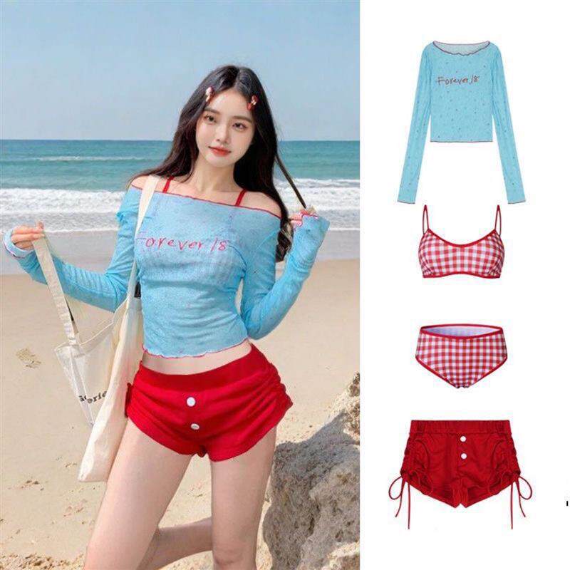 日韩一字肩刺绣长袖游泳衣女辣妹小众蓝色短款防晒罩衫比基尼泳装