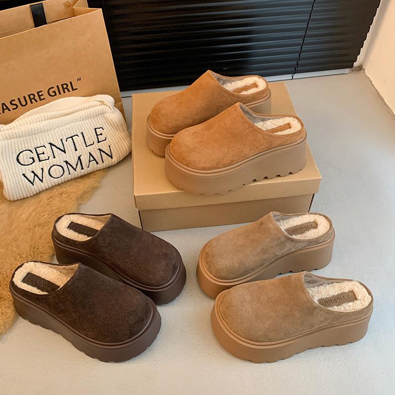 真皮8CM厚底包头半拖鞋外穿2025秋冬新款一脚蹬加绒保暖勃肯鞋女