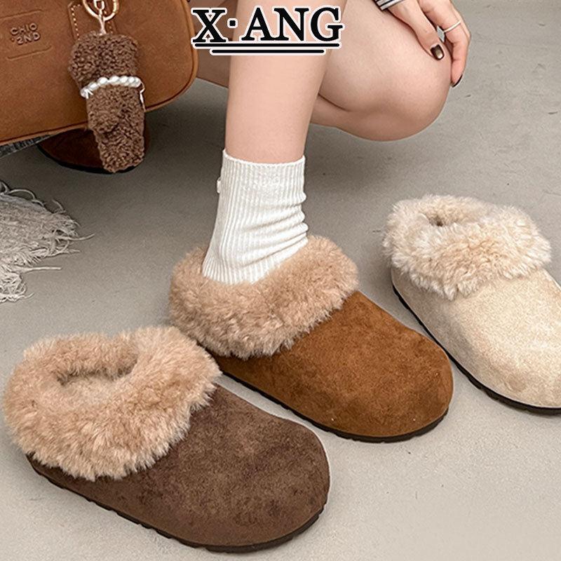 牛皮版厚底勃肯鞋女冬季加绒加厚保暖雪地棉鞋毛毛鞋外穿包头拖鞋