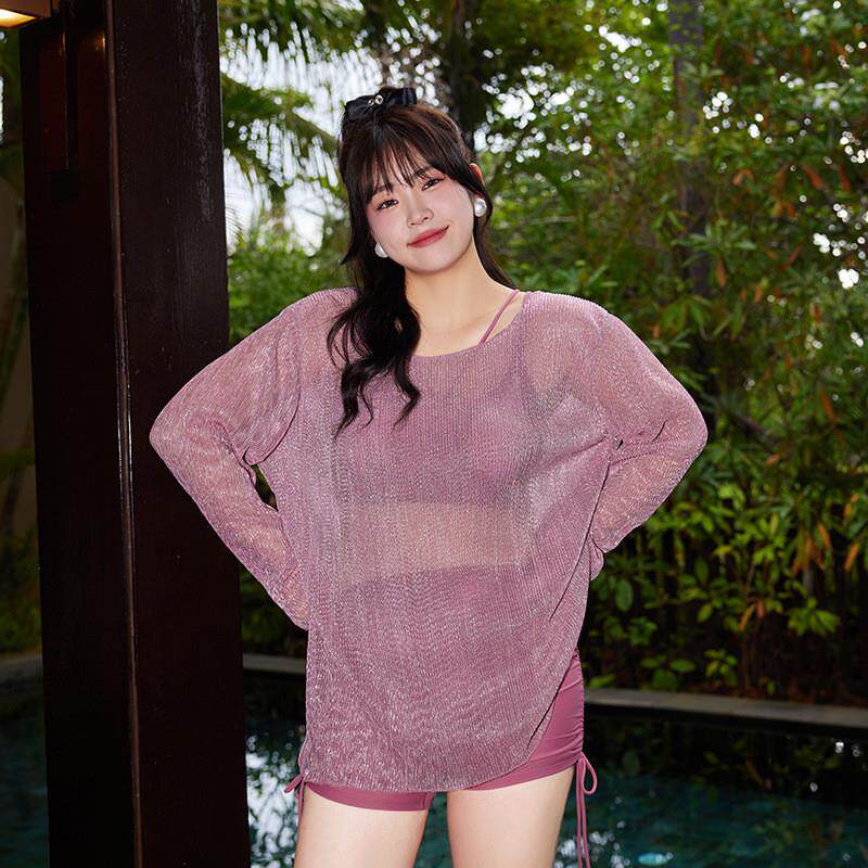 大码泳衣女200斤分体三件套长袖罩衫遮肉显瘦宽松胖mm泳装女