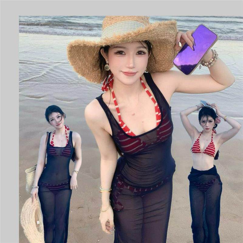 2026红色条纹比基尼分体泳衣女防晒透网长纱裙性感纯欲风泳装