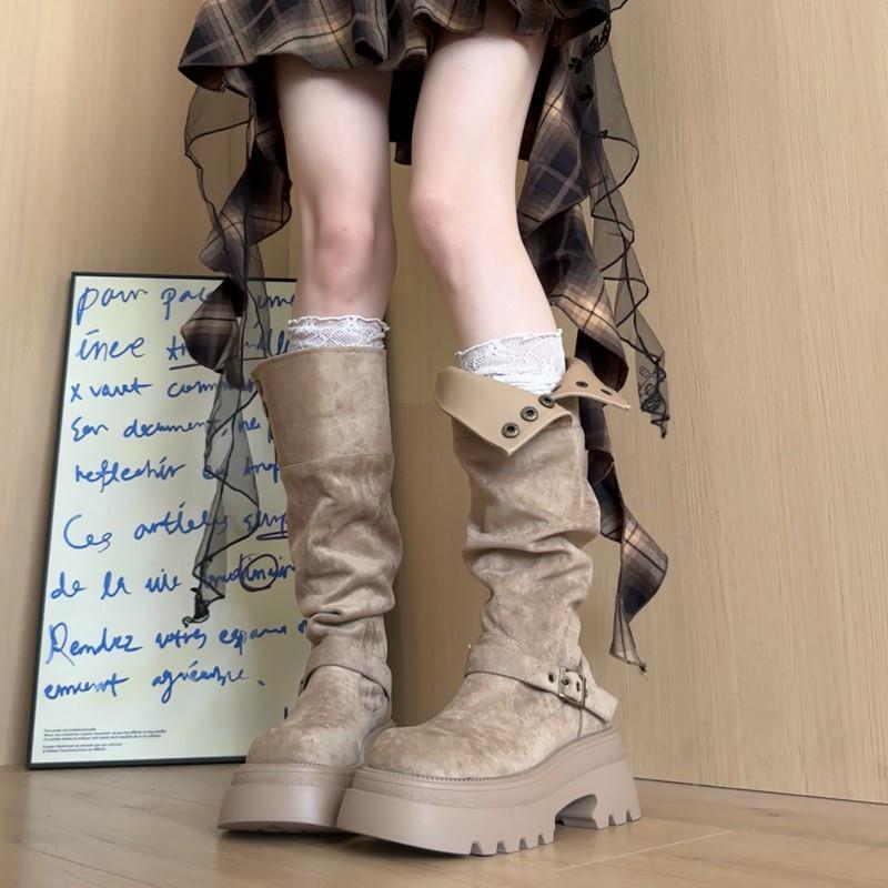 两穿厚底长筒靴女2025秋新款不过膝绒面长靴显瘦堆堆靴高筒骑士靴