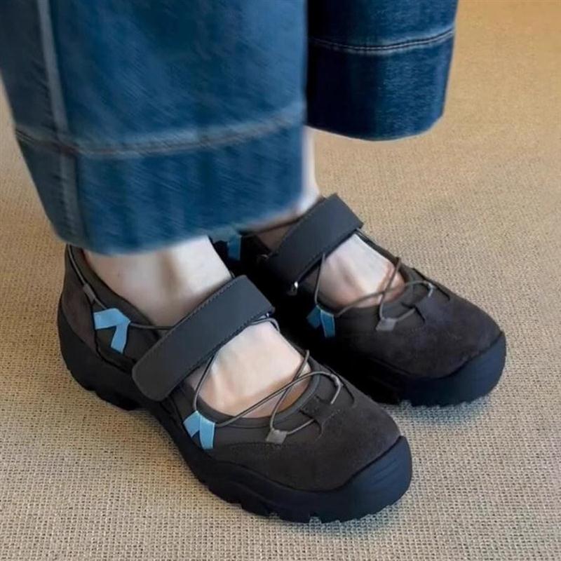 芭蕾风拼色运动底魔术贴玛丽珍小皮鞋美拉德复古圆头厚底休闲女鞋