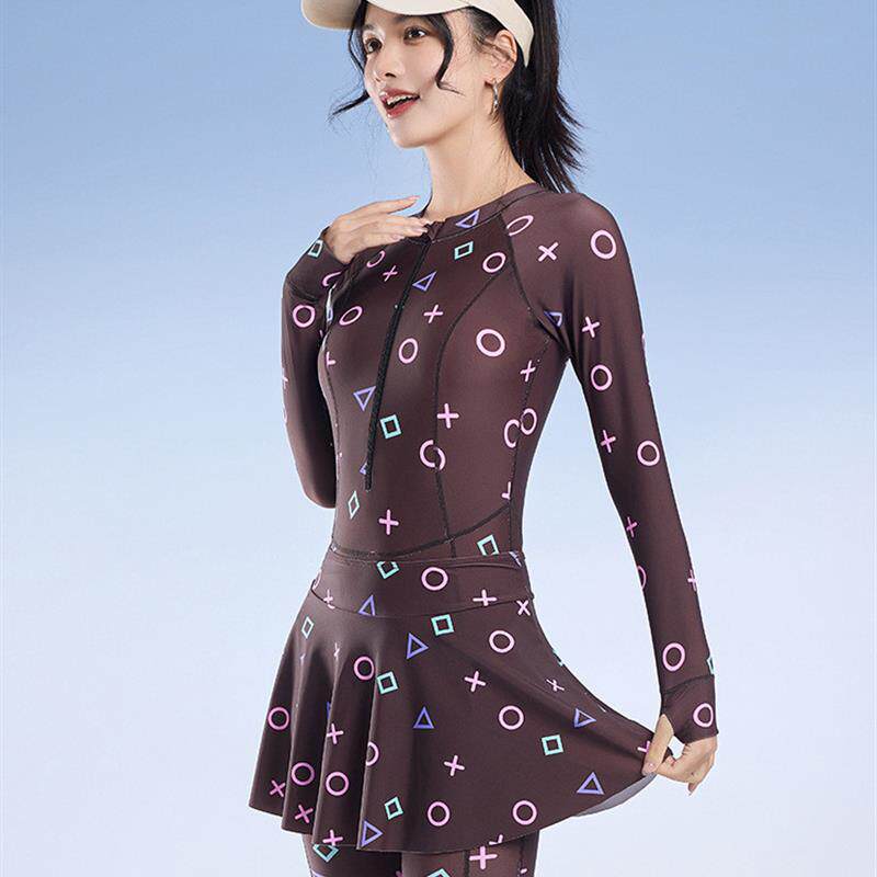 2026新款锦纶印花长袖长裤一体式速干连体游泳衣女冲浪潜水水母服