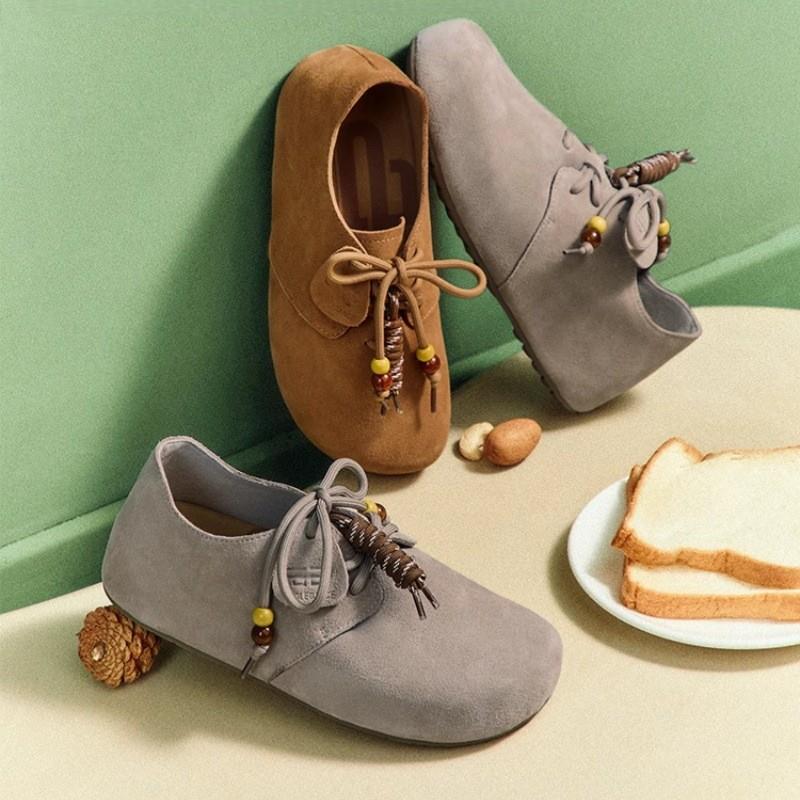 磨砂皮圆头系带平底勃肯鞋女2025秋季新款复古软皮软底休闲单鞋女