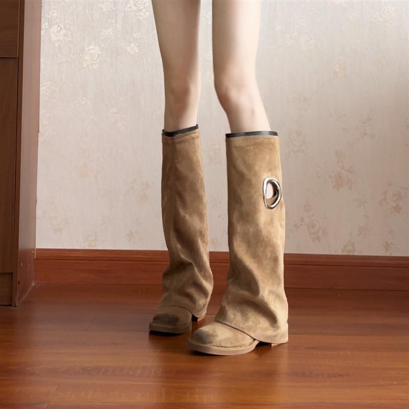 羊皮版~孟子义同款裤管靴女2025设计感洞口高筒靴骑士靴堆堆长靴