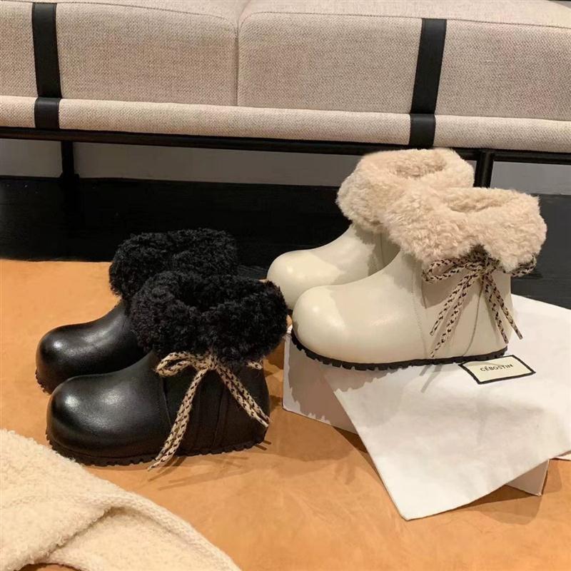 牛皮版~厚底雪地靴女2025秋冬新款加绒保暖短靴绑带棉鞋勃肯鞋